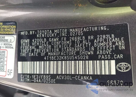 2005 Toyota Camry Le из США, поврежденный, VIN 4T1BE32K85U545028